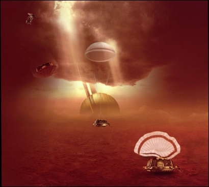 Descente d&#039;Huygens dans l&#039;atmosphère de Titan. Crédits : ESA