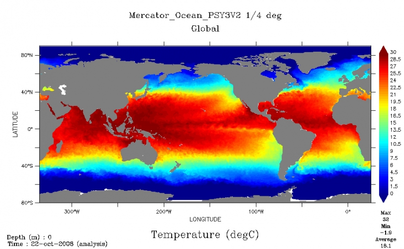 Mercator ocean temperature bulletin for 22 October to 4 November 2008. Credits: Mercator Ocean.