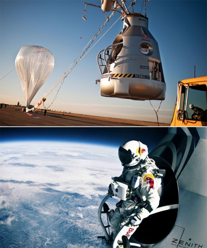 L’autrichien Felix Baumgartner a franchi le mur du son en chute libre après s’être élancé depuis un gigantesque ballon stratosphérique de plus de 100 m de large. C&#039;était le 15 octobre 2012, à plus de 39 000 km d’altitude. Crédits : Red B...