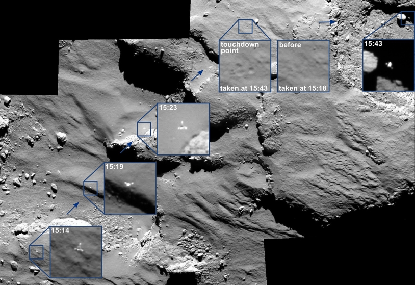 La descente et le 1er rebond de Philae sur 67P. Images prises par la caméra OSIRIS-NAC de Rosetta à 15,5 km de distance, le 12 novembre 2014 (résolution de 28 cm/pixel). Crédits : ESA/Rosetta/MPS for OSIRIS Team MPS/UPD/LAM/IAA/SSO/INTA/UPM/DASP/IDA.