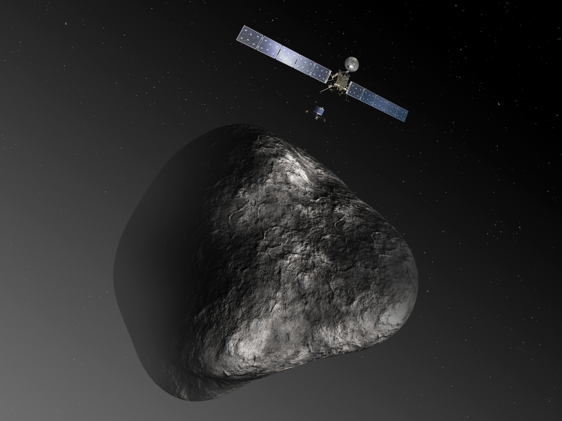 Rosetta et Philae à l’approche de la comète Churyumov-GerasimenkoAvec ses panneaux solaires de 32 m d’envergure, Rosetta est la 1ere sonde alimentée en énergie solaire à voyager au-delà de la ceinture d’astéroïdes. Crédits : ESA.
